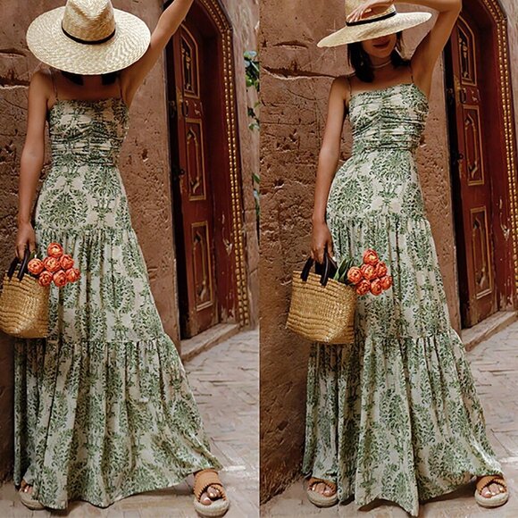 Army Green Boho Women's Vacation Printed Bohemian Backless Maxi Cami Dress - Picture 1 of 9
